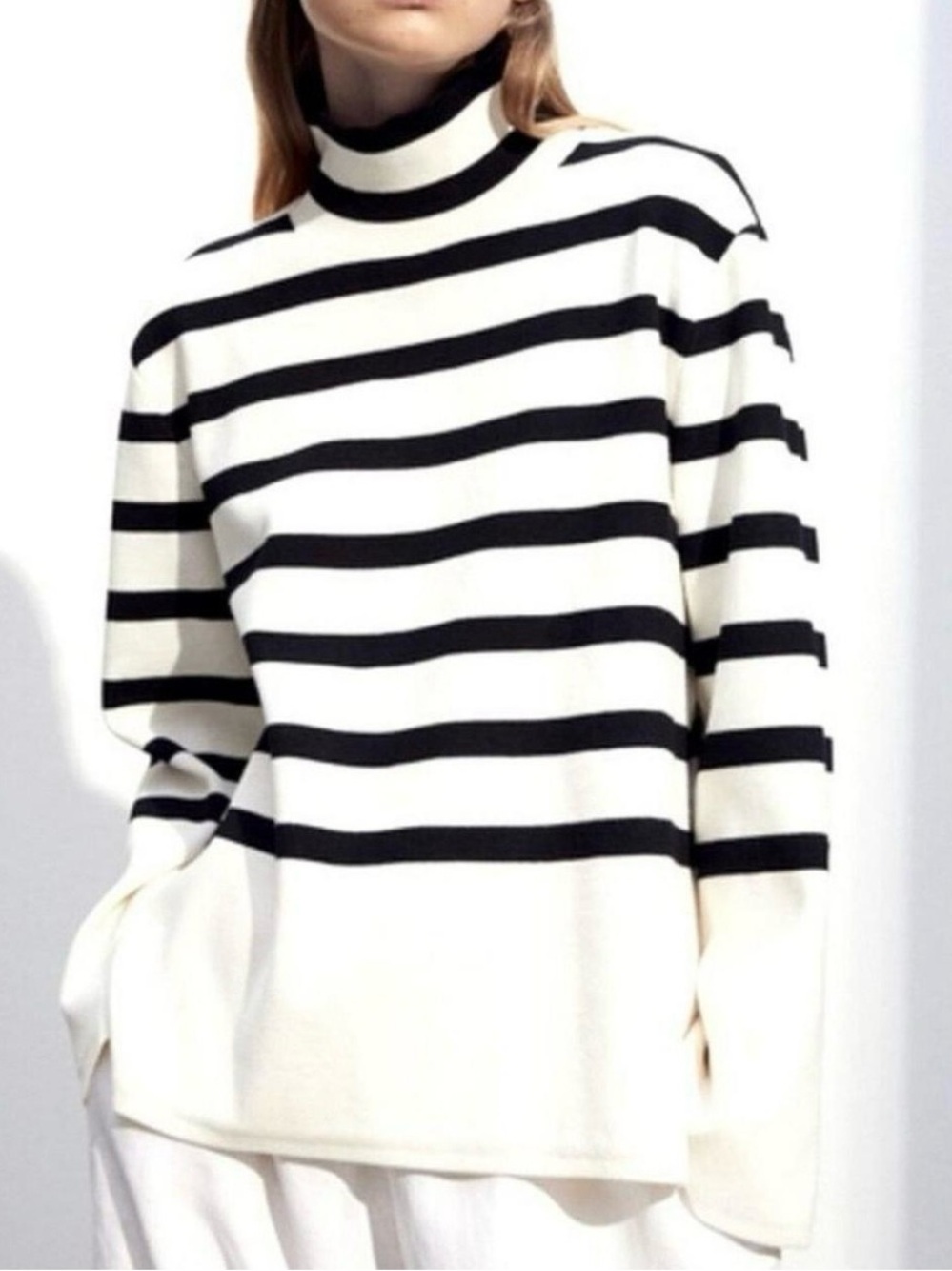 H&M Black and White Striped Turtleneck Sweater